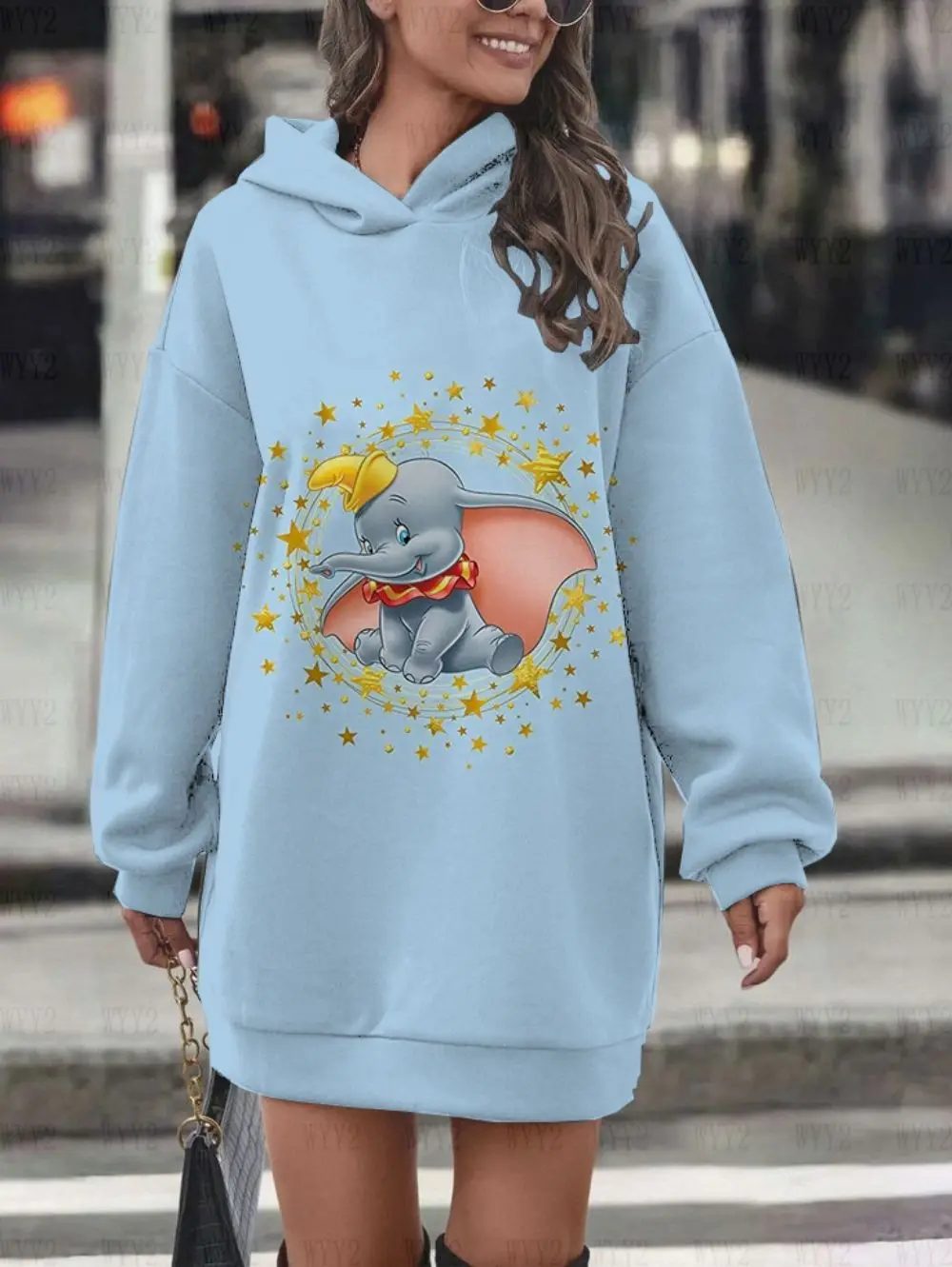 Neues Herbst- und Winter-Langarm-Hoodie-Kleid für Damen, neues Disney Dumbo, süßer Musterdruck, Damen-Street-Casual