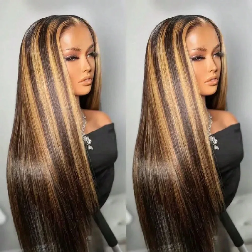 Parrucche di capelli umani con frontale in pizzo HD 13x4, modello 4/27 Highlight Bone Straight, colore ombré brasiliano, per donne, con linea naturale dei capelli.
