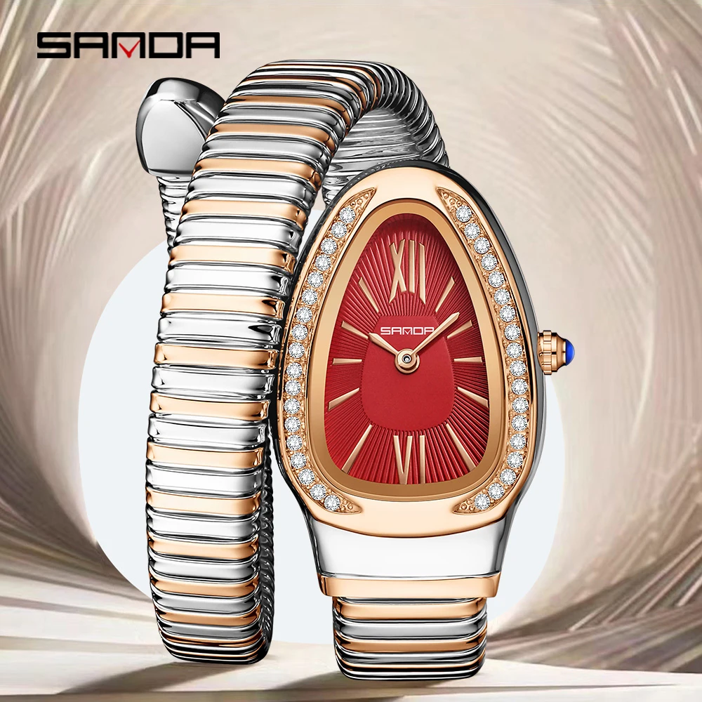 SANDA 1151, reloj de cuarzo a la moda para mujer, reloj de mujer de gama alta con incrustaciones de diamantes serpentinos, reloj de cuarzo de lujo ligero Retro para mujer