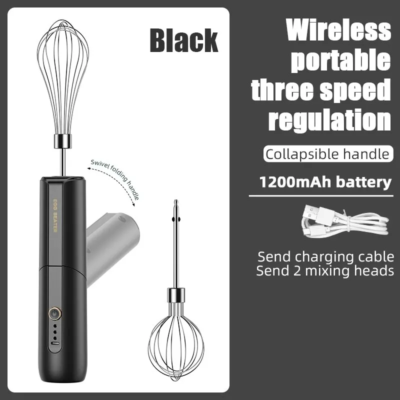 خلاط قابل للطي لاسلكي محمول USB لإعادة الشحن كهربائي محمول باليد كعك كريم منزلي مضرب إرسال رأسين خلط
