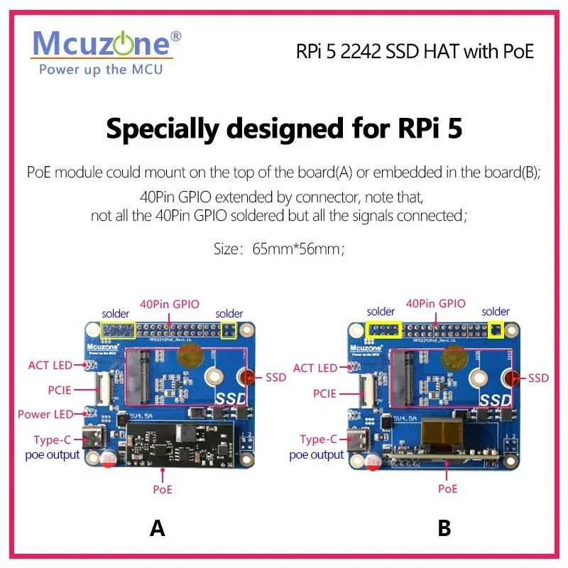 MPS2242-POE Hoed, Poe Ethernet Aangedreven Voor Framboos Pi5, Pcie Naar Nvme Ssd, Ondersteuning 2242,2230, Poe Output Tot 5v4.5a