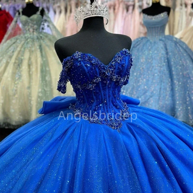 Angelsbridep Customized Glitter Beads Royal Blue Ball Gown Quinceanera Dress With Bow Party Dresses Vestidos 15 Años Quinceañera