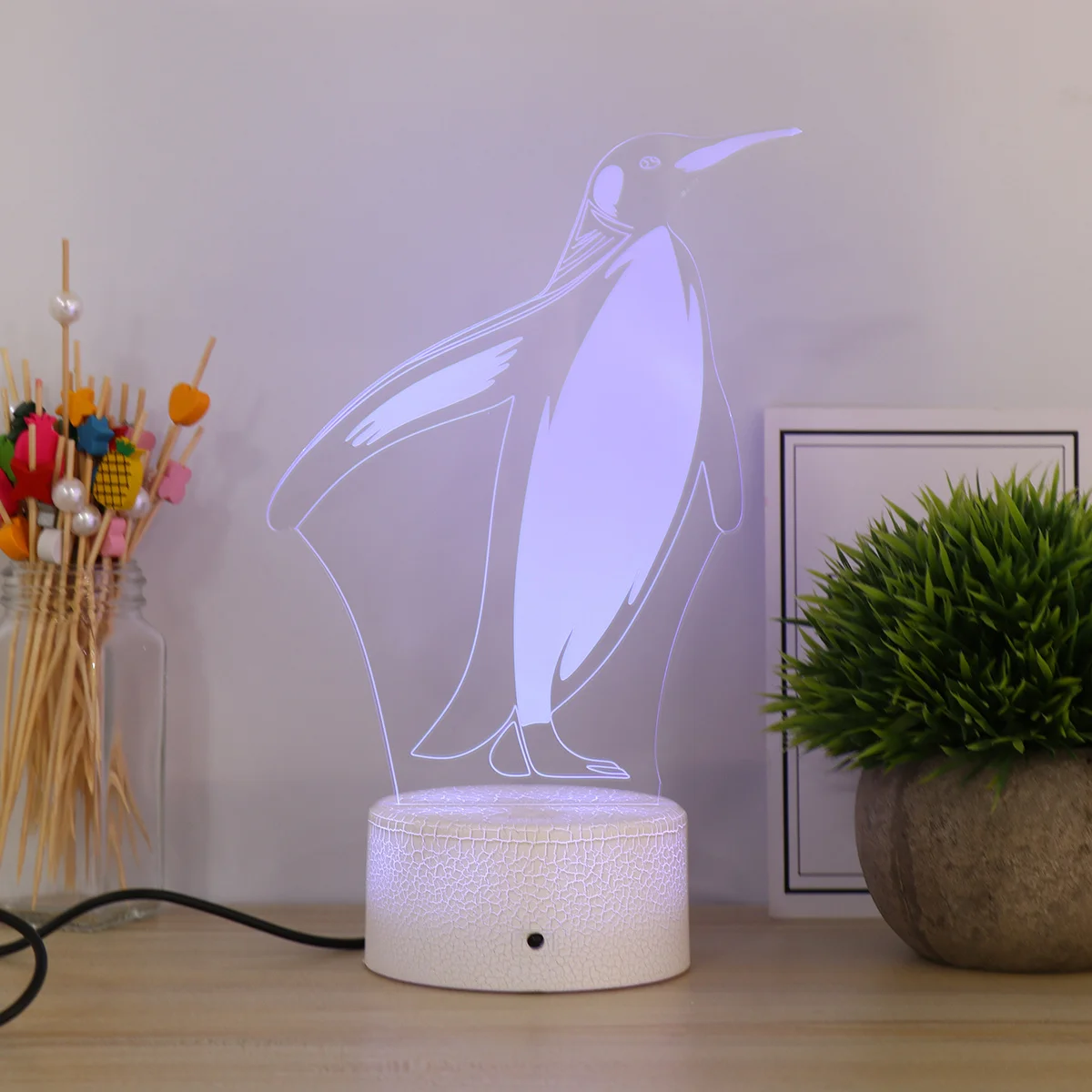 Lampa Nocna LED 3D Akrylowa z Efektem Dotykowym, Wzór Pingwin, Kolorowa Iluzja Świetlna, Dekoracja na Imprezę, Ślub, do Sypialni
