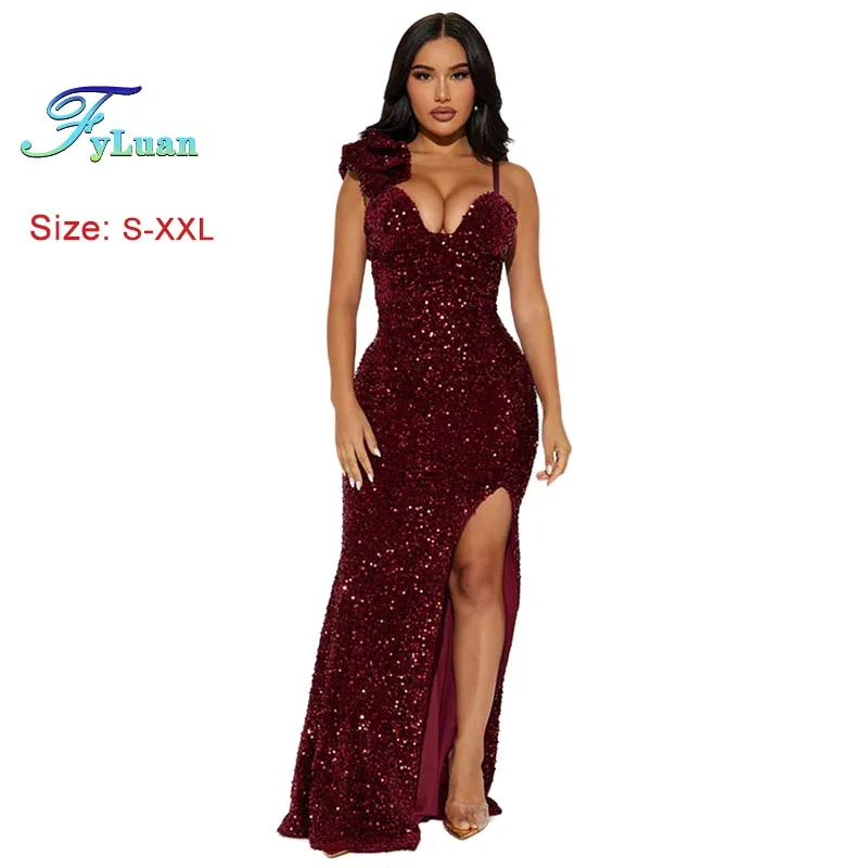 ชุดเดรสยาวแฟชั่นใหม่ปี 2025 สำหรับผู้หญิง สีพื้น สายเดี่ยว แต่งเลื่อม ผ่าข้าง ยาวกรอมพื้น คอวีลึก เหมาะสำหรับงานพรอม