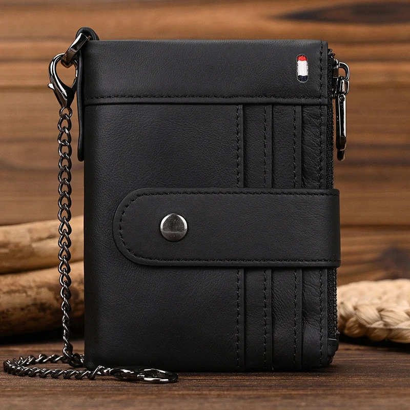 Real Cowskin Wallet Luxury Designer Short Purse Coin Wallet Handmade Card Holder Men Women Business Slim Wallets With Iron Chain