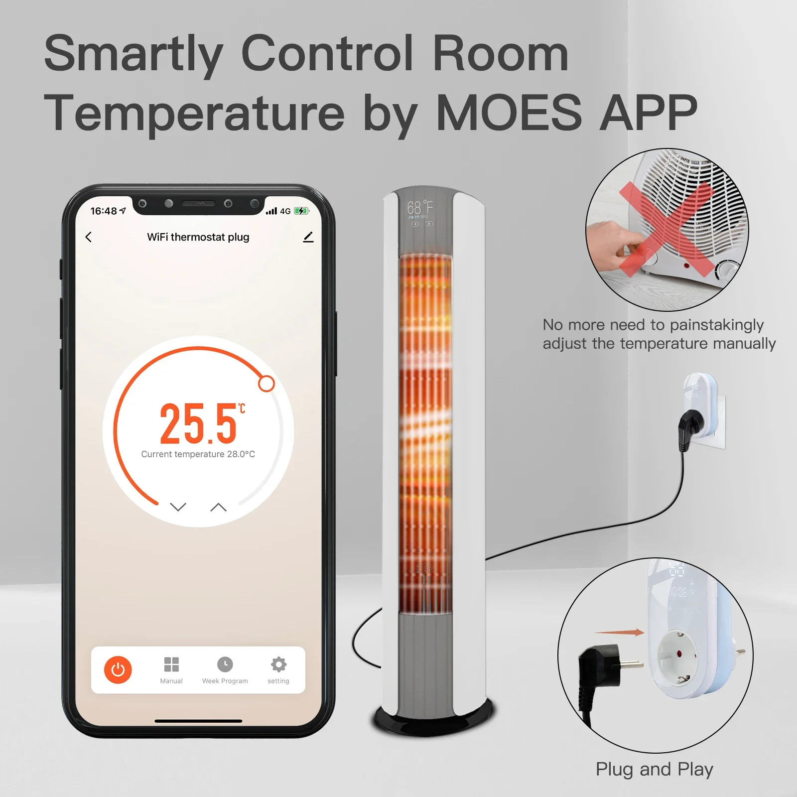 MOES-termostato LED inteligente con WiFi, enchufe de salida, modo de calefacción y refrigeración, 16a, Control remoto por aplicación, Compatible con