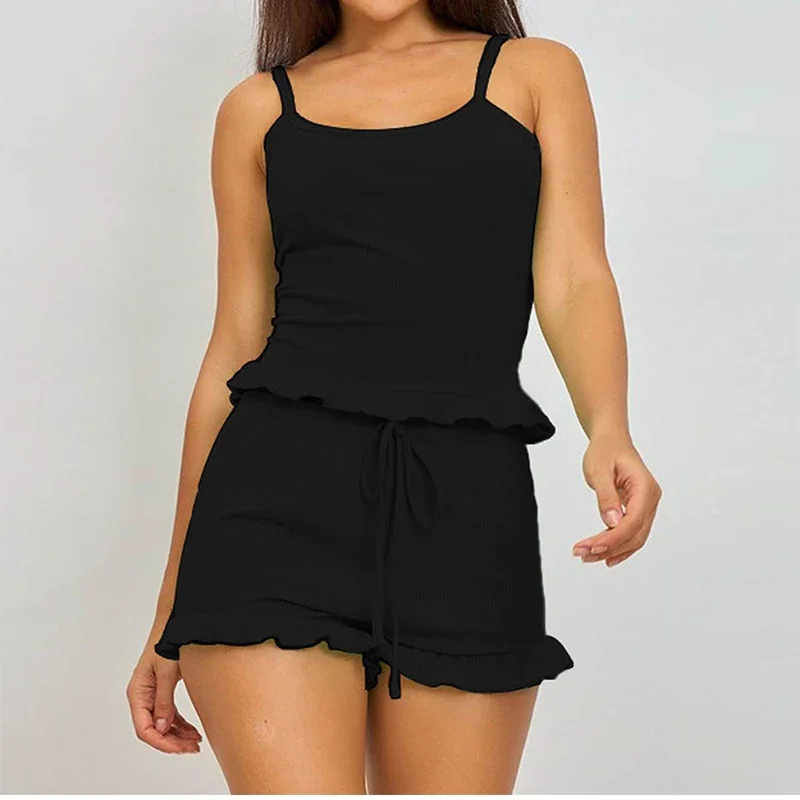 

Summer Two-Piece Solid Color Sleepwear Round Neck Sexy Suspender Ribbed Knitted Pleated Vest Shorts Casual Women's Sleepwear Set