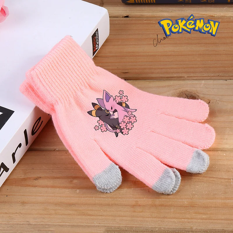 Pokemon Pikachu Full Finger ถักถุงมือถุงมือขี่จักรยานกลางแจ้งถุงมือหน้าจอสัมผัสสีทึบหนาน่ารักเด็กผู้หญิงของขวัญ