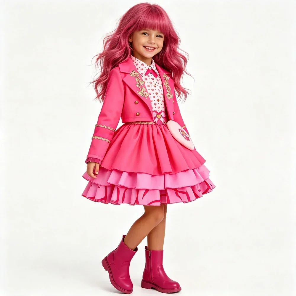 2026 Descendants Girls Princess Pink Costume Halloween Retro Long Sleeve Blazer Sweet Tiered Dress Birthday Party Fancy Outfit view 3