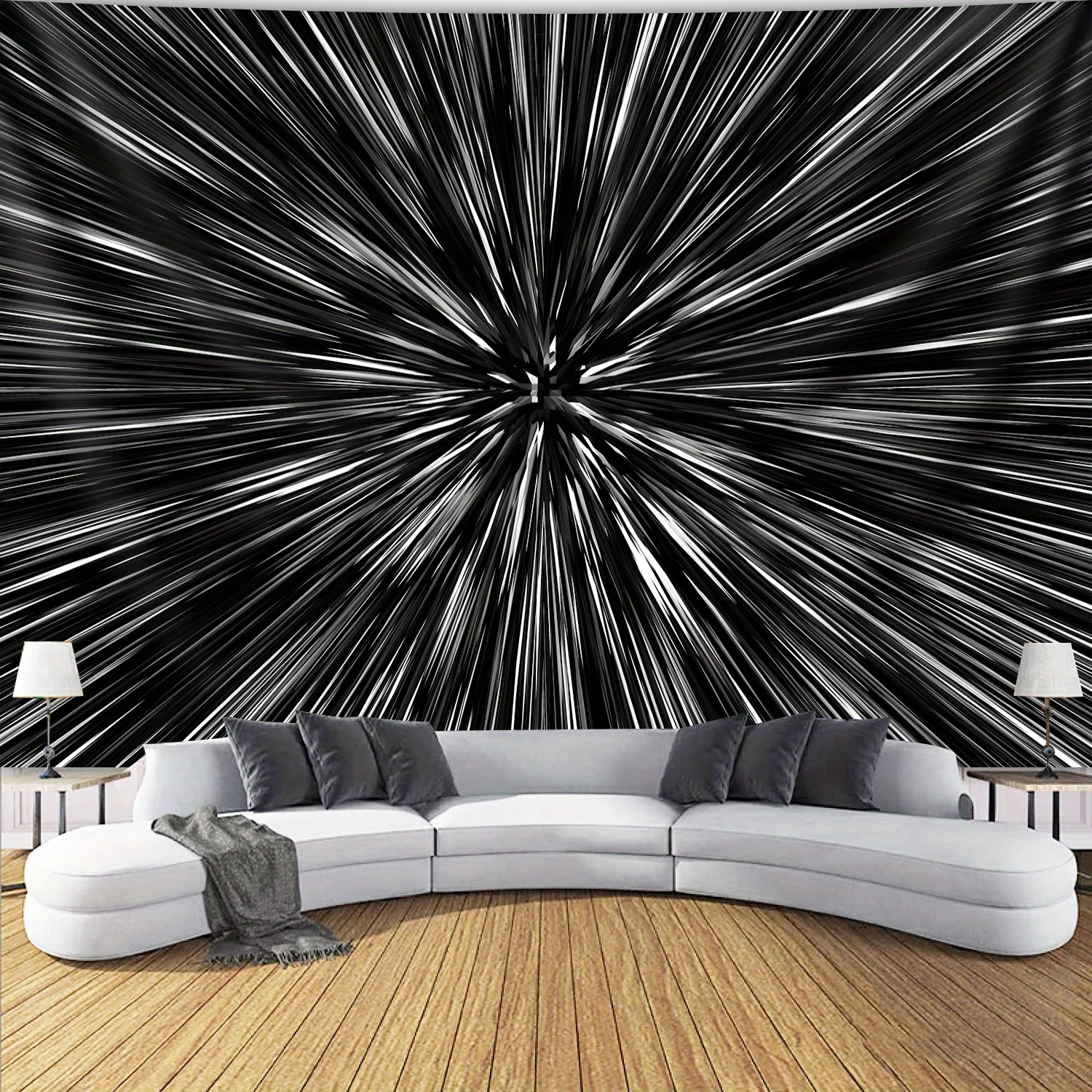 Black White Hyperspace Light Speed Tapestry, Abstract Radial Streaks Wall Hanging for Bedroom, Living Room & Gaming Room Decor