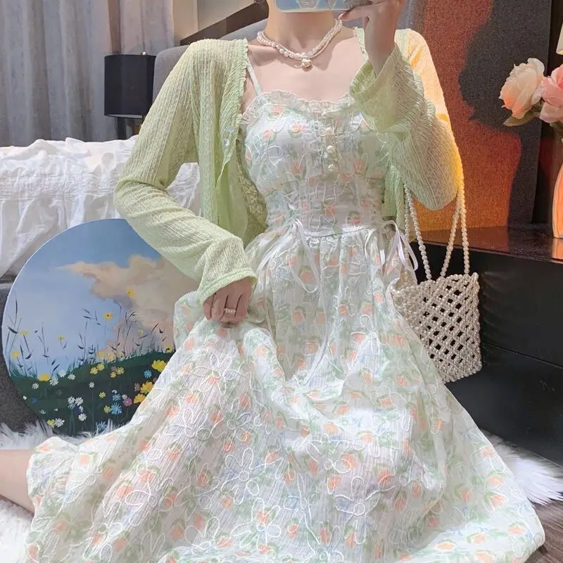 

Woman Floral Elegant Dress Sets Female Fashion Cardigan and Vintage Sleeveless Tank Dresses Suit Lady Two Piece Set Outfit G160