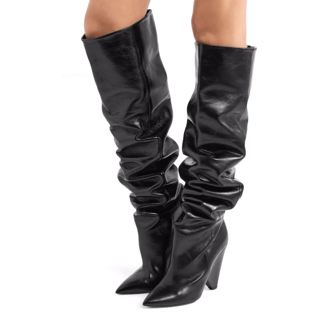 

New Arrival Handmade Classic Style Women Pointy Toe High Wedge Heel Knee Boots Large Size Long Pleated Evening Fashion Shoes