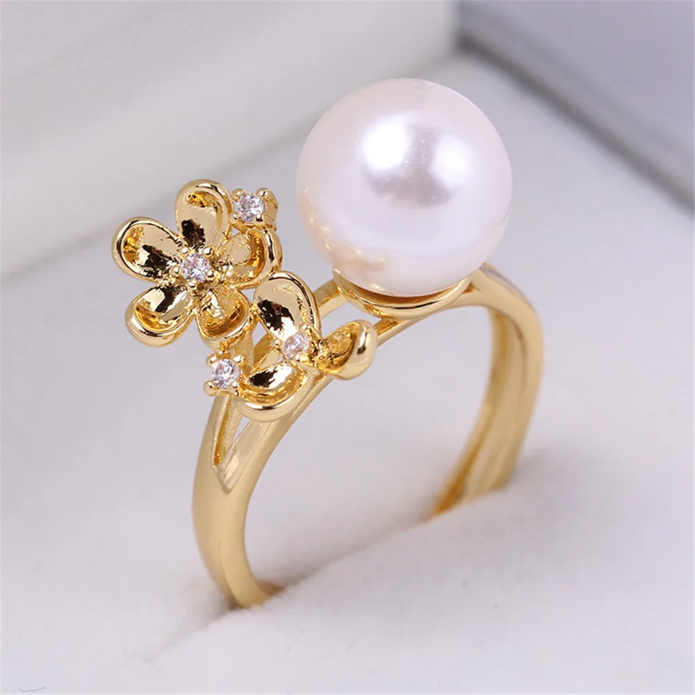 

DIY Pearl Accessories with Empty Holder Copper Plated 18K Gold Flowers Simple Pearl Jade Ring Temperament Personality for Women
