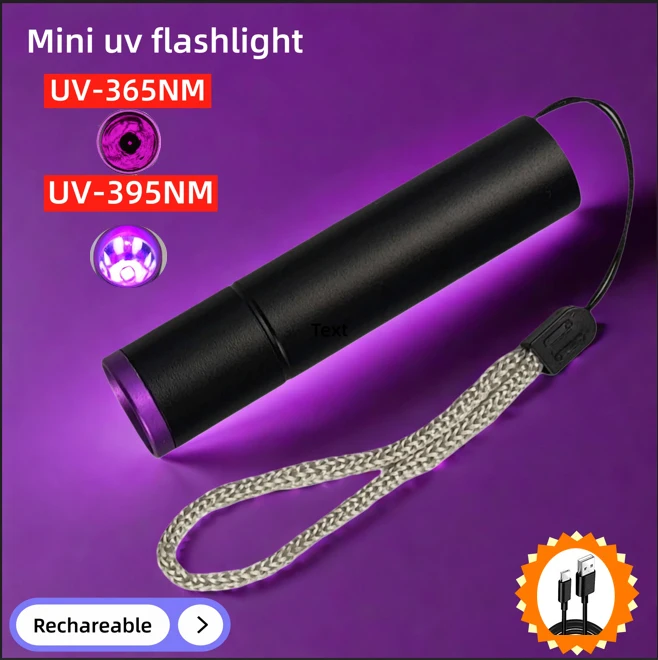 UV Flashlight 365nm USB Type-C Rechargeable Black Light Aluminum Alloy Body USB Pet Skin Ringworm Detector Flashlights
