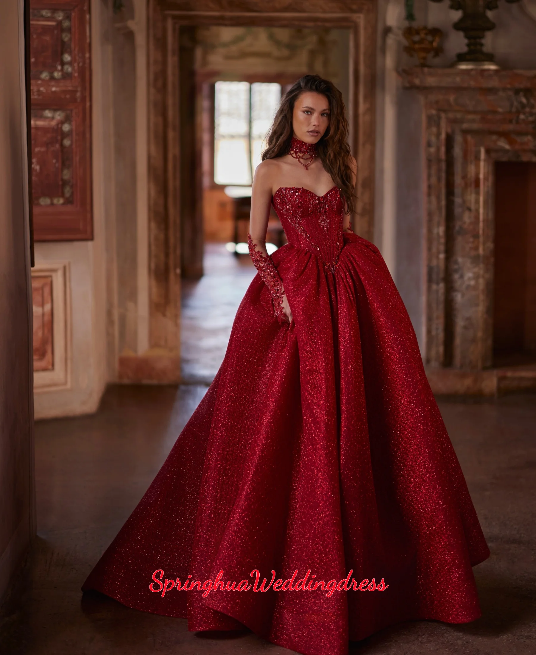 Customized Luxury Wine Red Beading Long Dress Shining Sequin Party Gown Long Sleeves Backless wedding Dress Vestidos De Novia