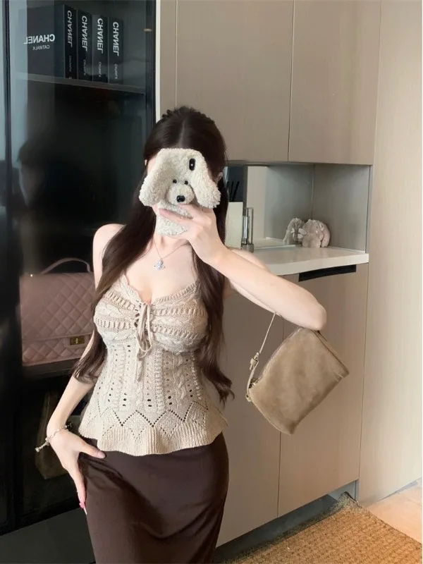 

Sleeveless Knitted Hollow out Belted Floral Hook Design Women's Top Sexy Style Slim Fit Pullover Knitwear Short Length