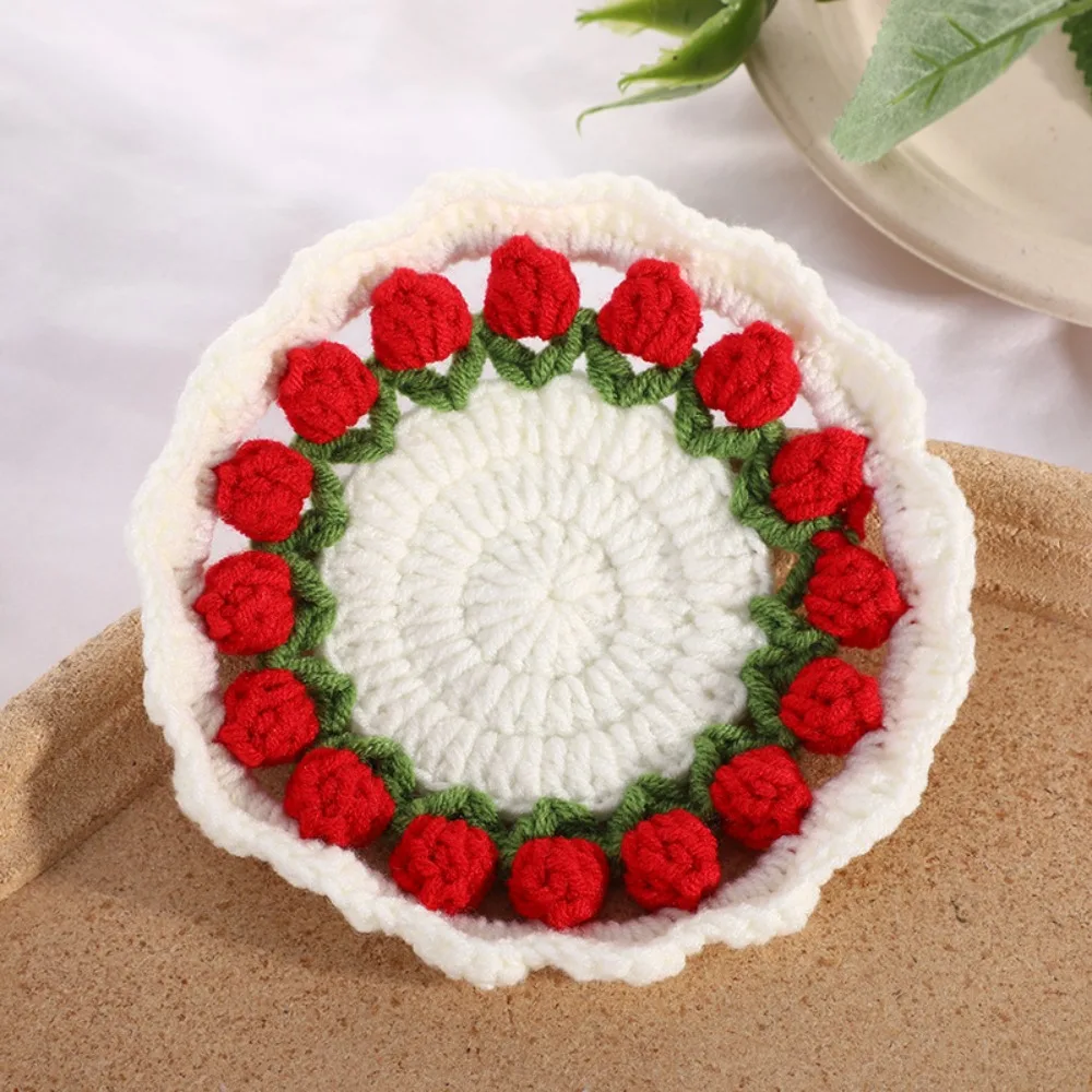 2Pcs Handmade Crochet Floral Coasters Tulip Flower Ins Style Woven Cup Pads 13cm Colorful Hand-knitted Placemat Girls