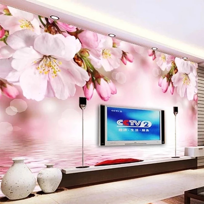 Customized 3D Mural Wallpaper Modern Pink Peach Blossom Reflection Flower Living room sofa TV background wall bedroom restaurant