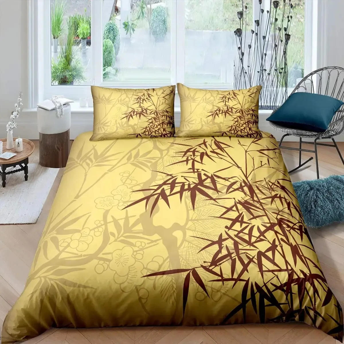 

Bamboo Duvet Cover Set Bamboo Branches Bedding Set Tree Print Comforter Cover Luxury Retro Floral Style Quilt Cover Queen Size