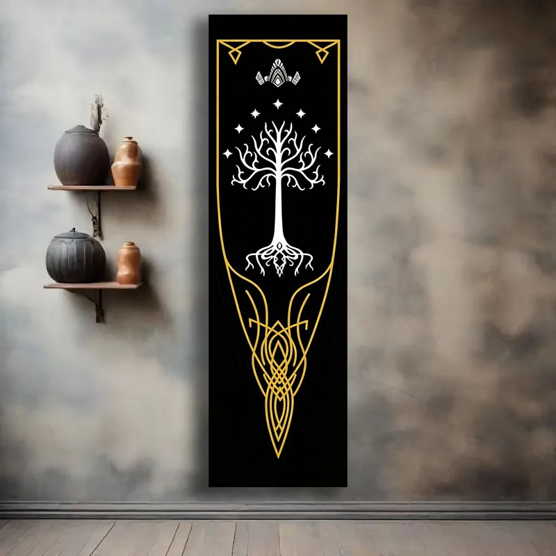 VIKAMA Elven Ring Flag Of Gondor, Black And Gold Medieval-Style Walls With Flags Hanging On Them, Home Furnishings