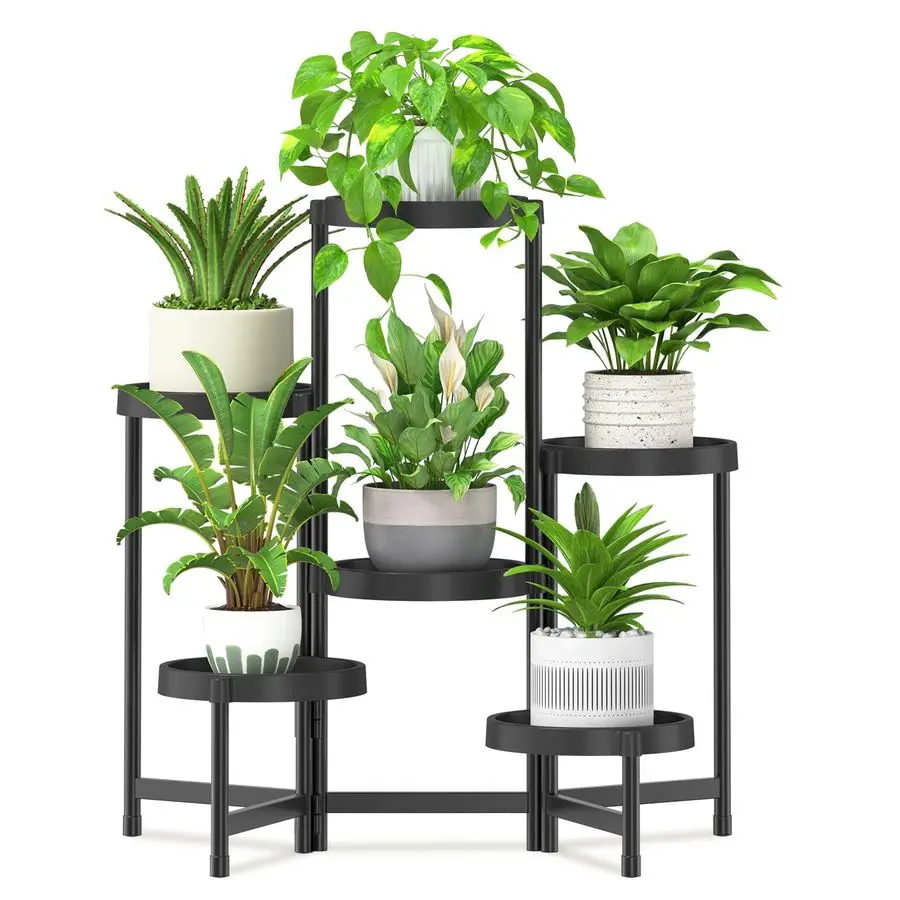 

6 Tier Folding Plant Stand Indoor Outdoor with Plastic Tray, Tiered Corner Flower Holder Shelf, Metal Orchid Display Rack for P