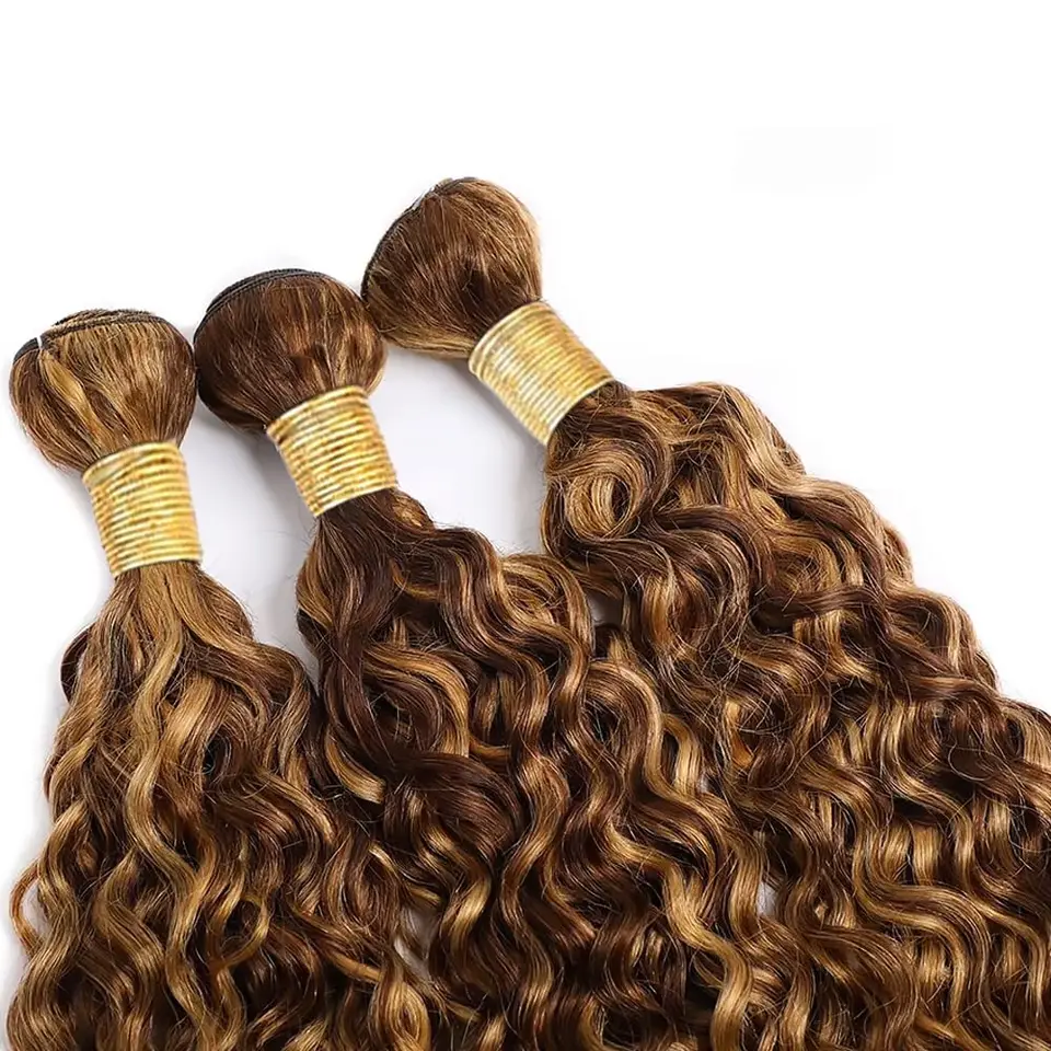 P4/27 rizos ondulados paquetes cabello humano highlights marrón oscuro y rubio miel mezcla piano brasileño extensiones 3