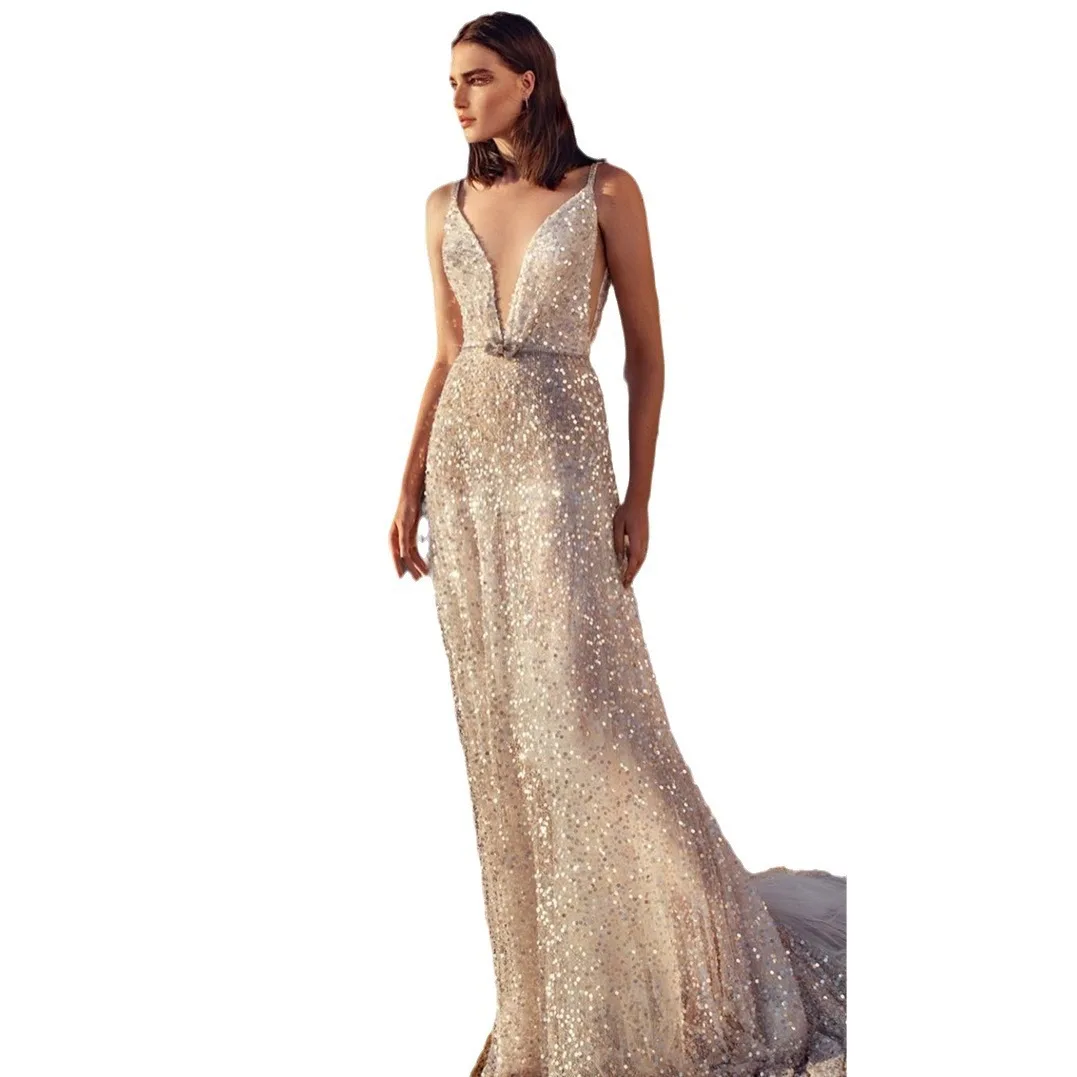 Robe à bretelles à paillettes argentées, col en v, sans manches, cintrée à la taille, nouvelle collection été 2025