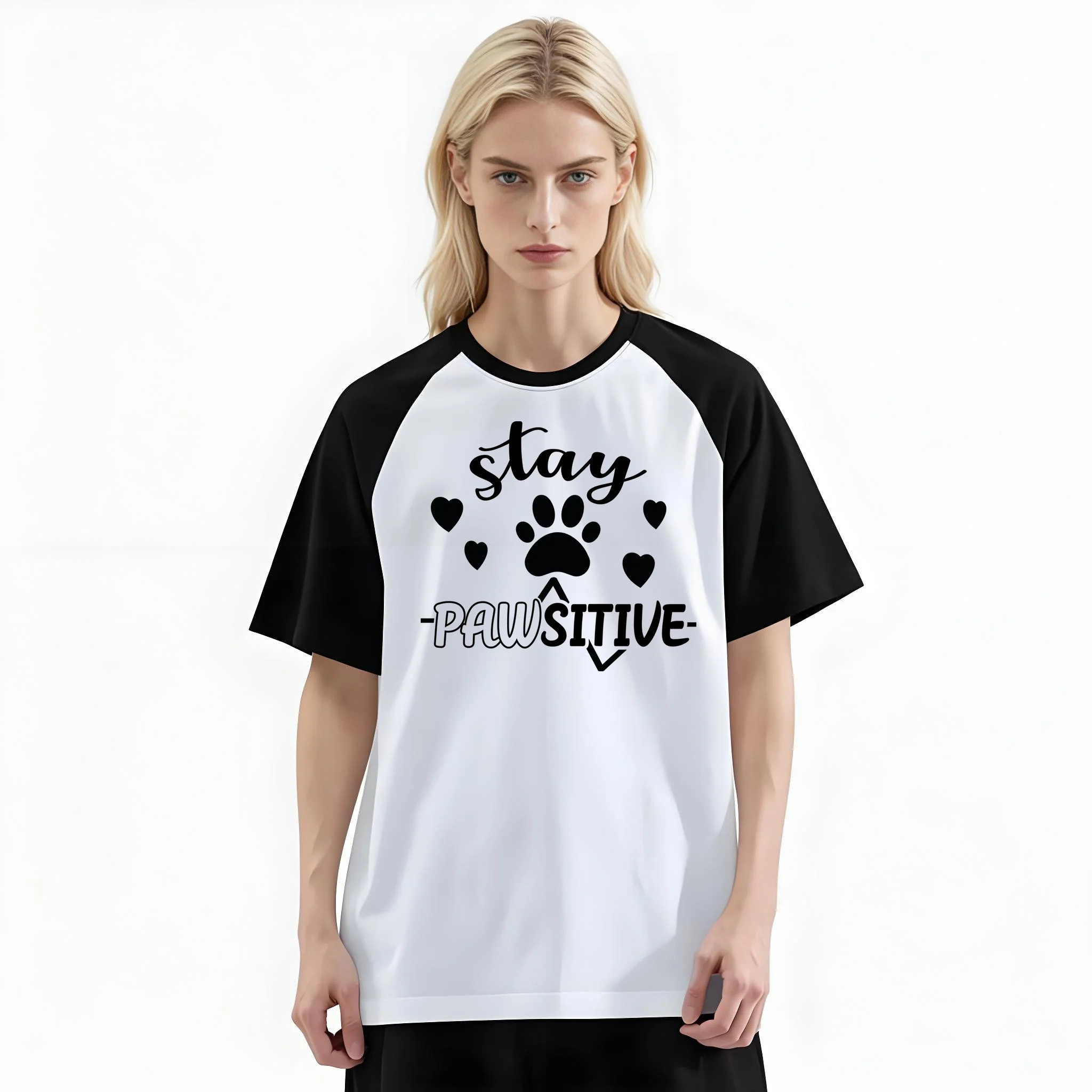 Women'S Fashion Raglan Sleeve T-Shirt, Stay Pawsitive Dog Paw Heart Printed, Summer Casual Comfortable Tee, Women'S Everyday Short-Sleeve Top