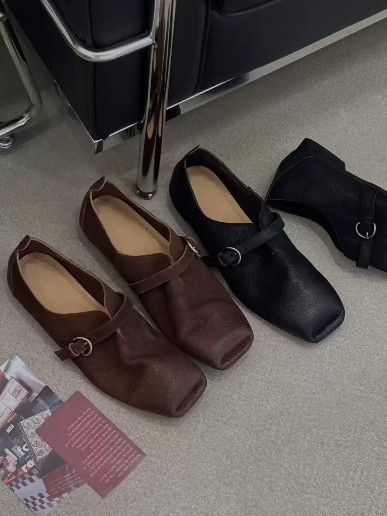 Matte Textured Leather Square Toe Ruched Mary Jane Flats Single Metal Buckle Strap Minimal Ladies Soft Light Daily Casual Shoes