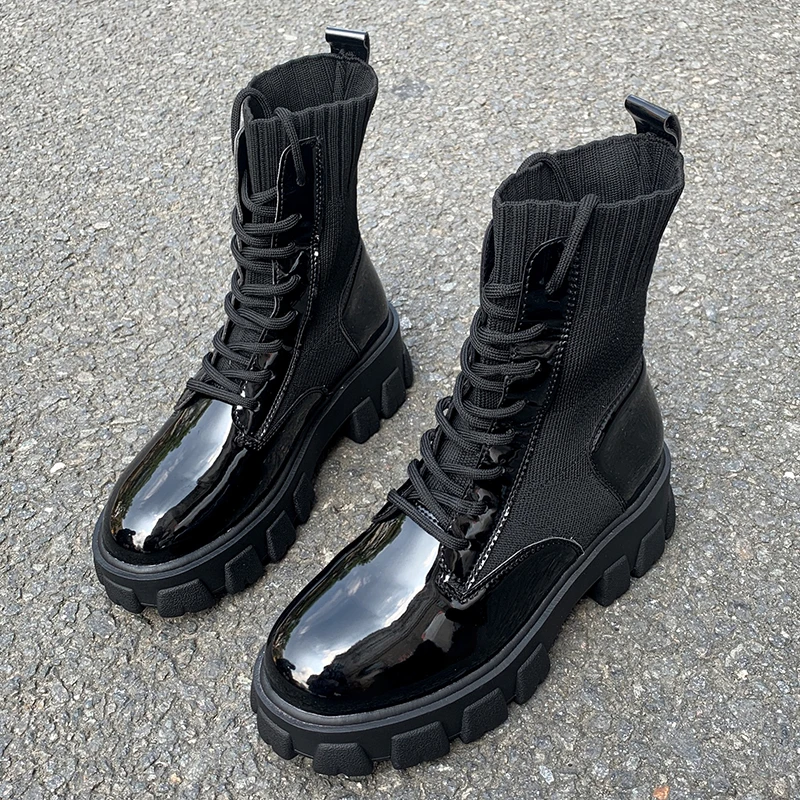 Women Boots Fashion Sock Patent Leather Black Booties Shoes Platform Flat Motorcycle Knitting Boots Women