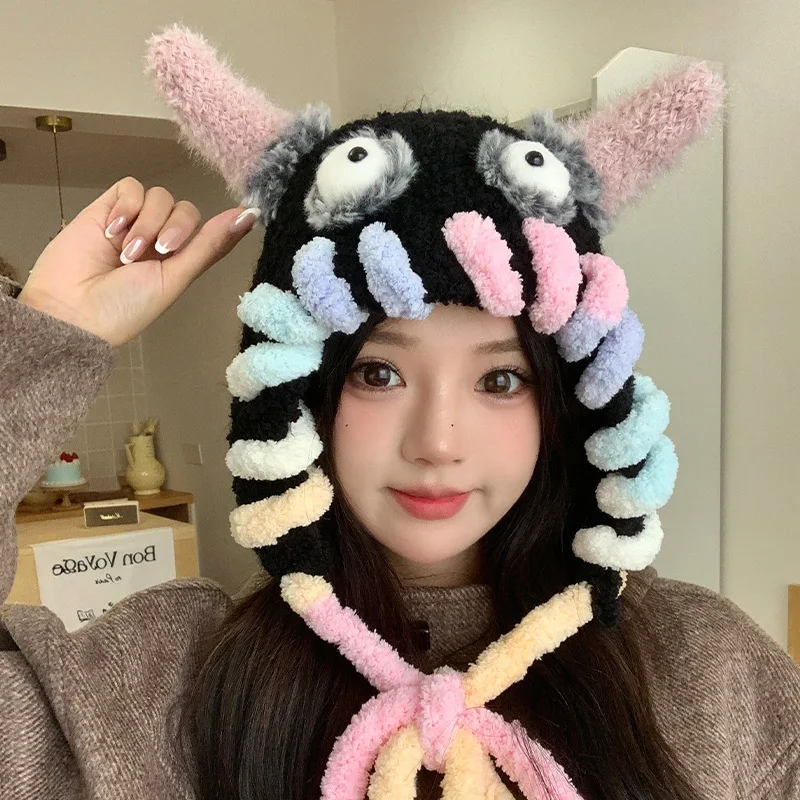 Abstract Funny Hat Little Monster Knitted Hat Women's Autumn and Winter Ugly Cute Big Ear Protection Warm Pullover Hat