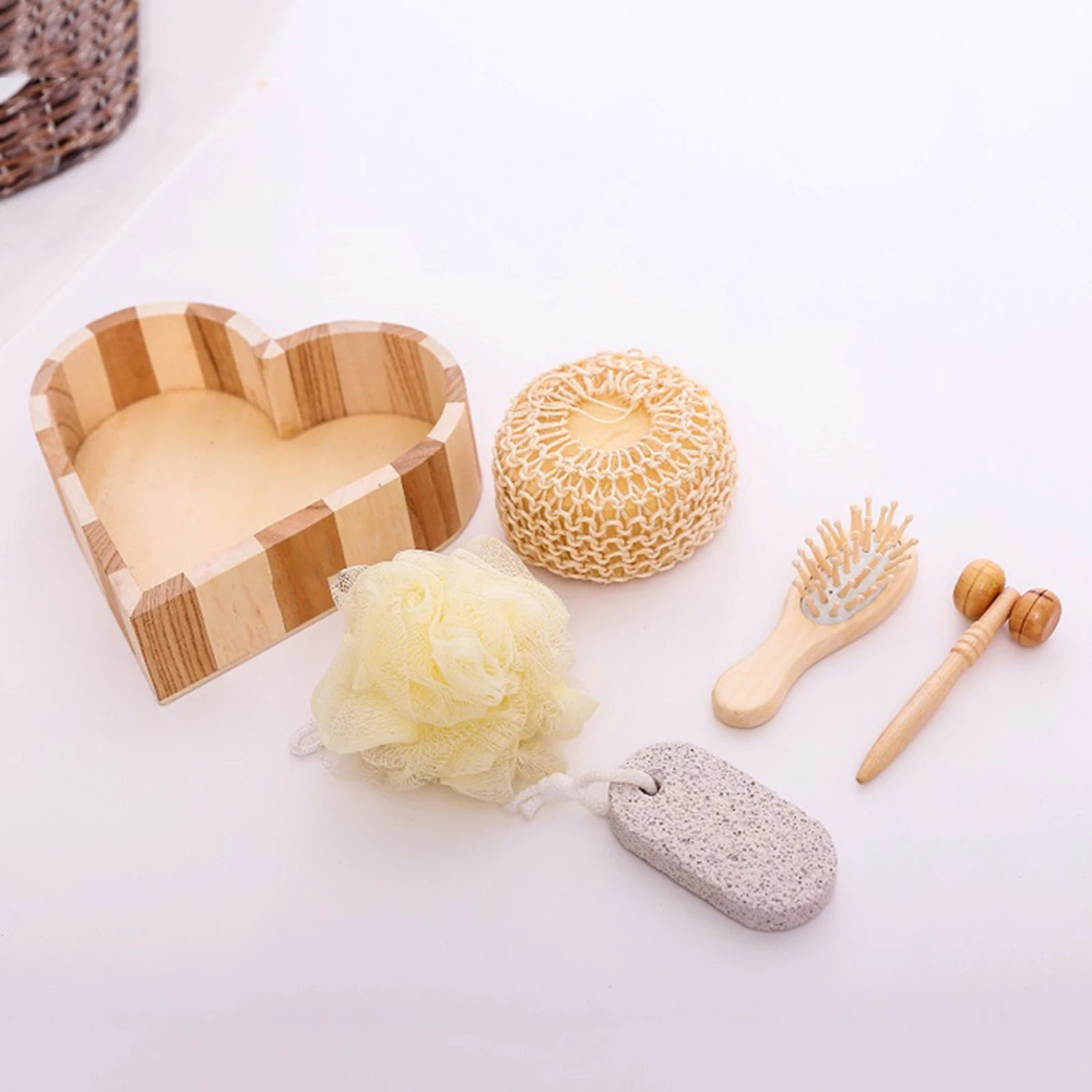 5 Stuks Bad Set In Hart Houten Doos Voor Lichaam En Voet Spa, Bad Accessoires Hart Houten Snuisterij Doos Huid Exfoliërende Cadeau