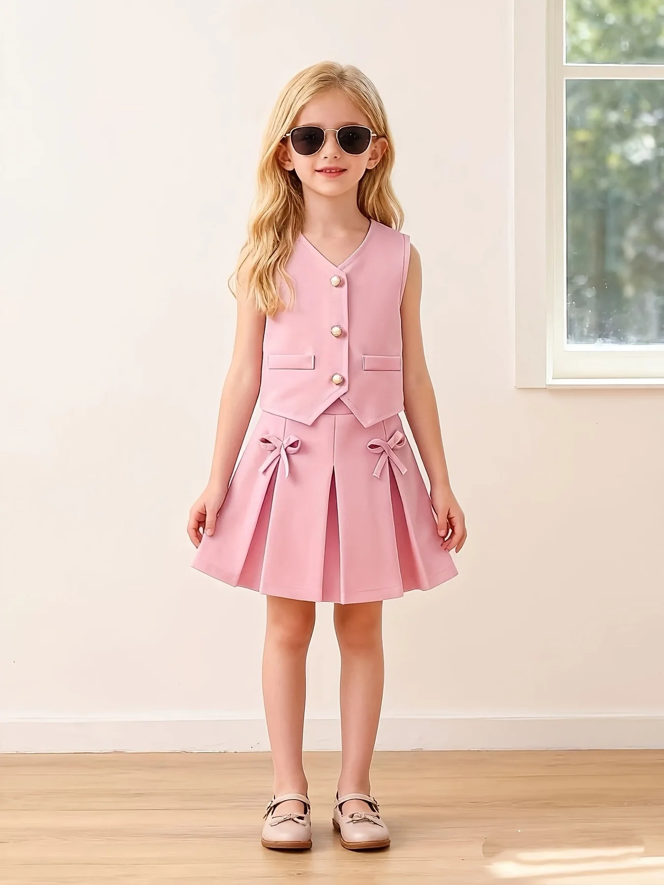 Kids Girls 2-Piece Suit Set, Solid Pink Sleeveless Button Vest & Bow Decor Pleated Skirt Uniform Outfit