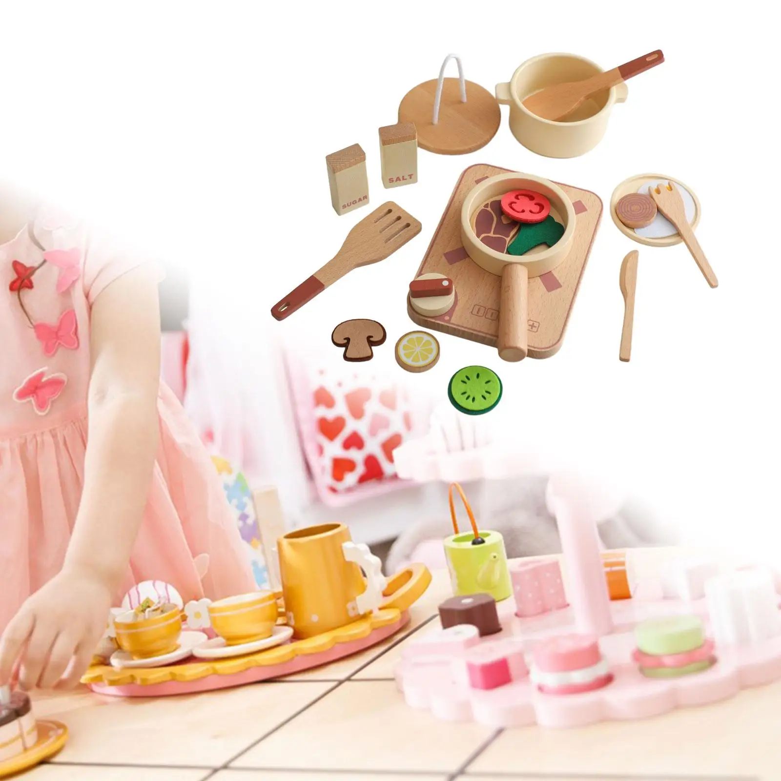 Set da cucina in legno con pentole in legno Set regalo di coordinazione giocattolo educativo Migliora le capacità motorie Gioco di finzione Montessori