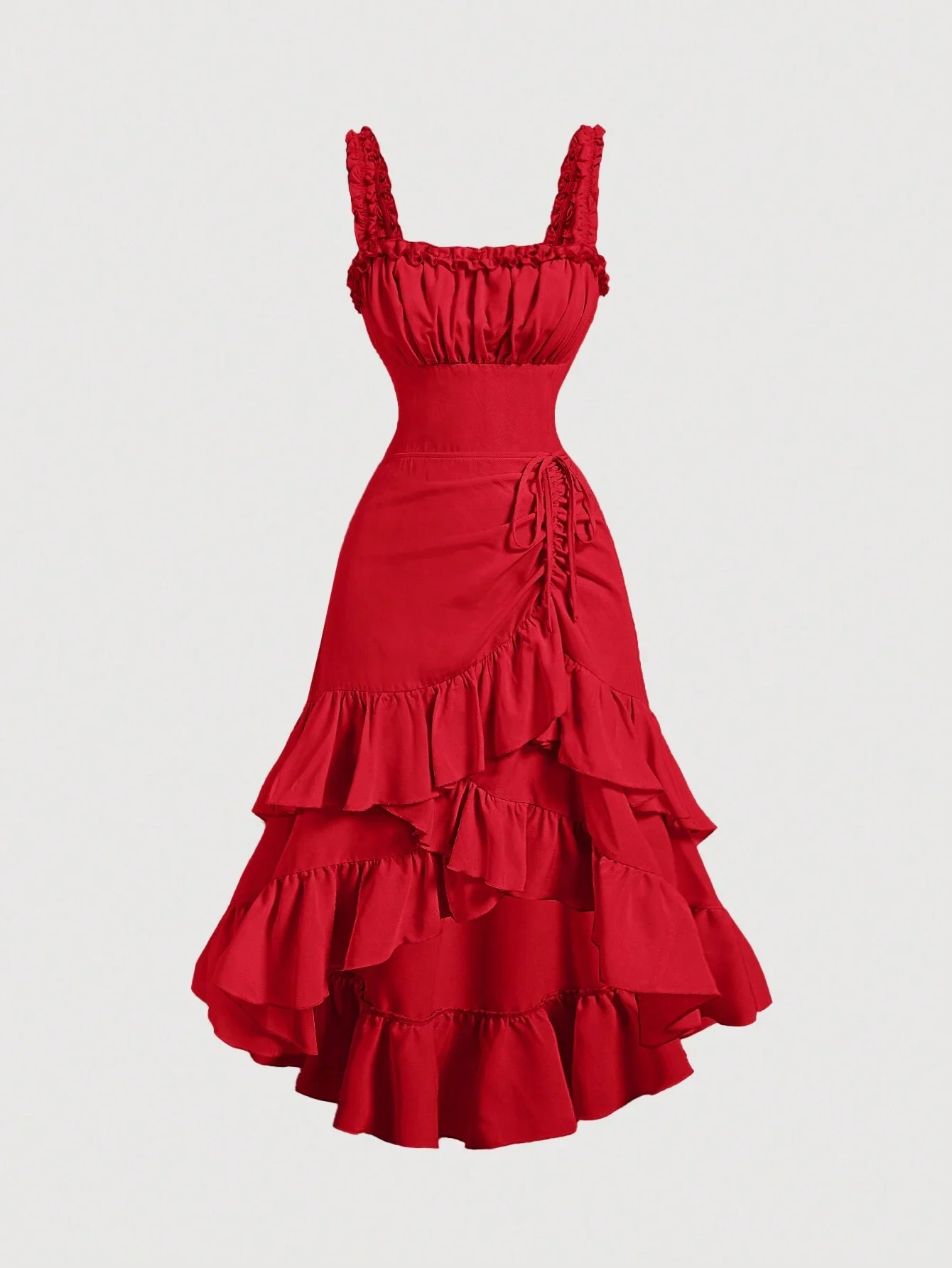 

Red Sleeveless Square Neck Midi Dress With Tiered Ruffles, High Waist, Side Tie Detail For Party Wedding Festival