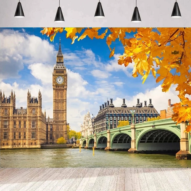 Photography Backdrop Fall London Bridge Elizabeth Tower British Landmark City Scenery Travel Honeymoon Party Background Wall