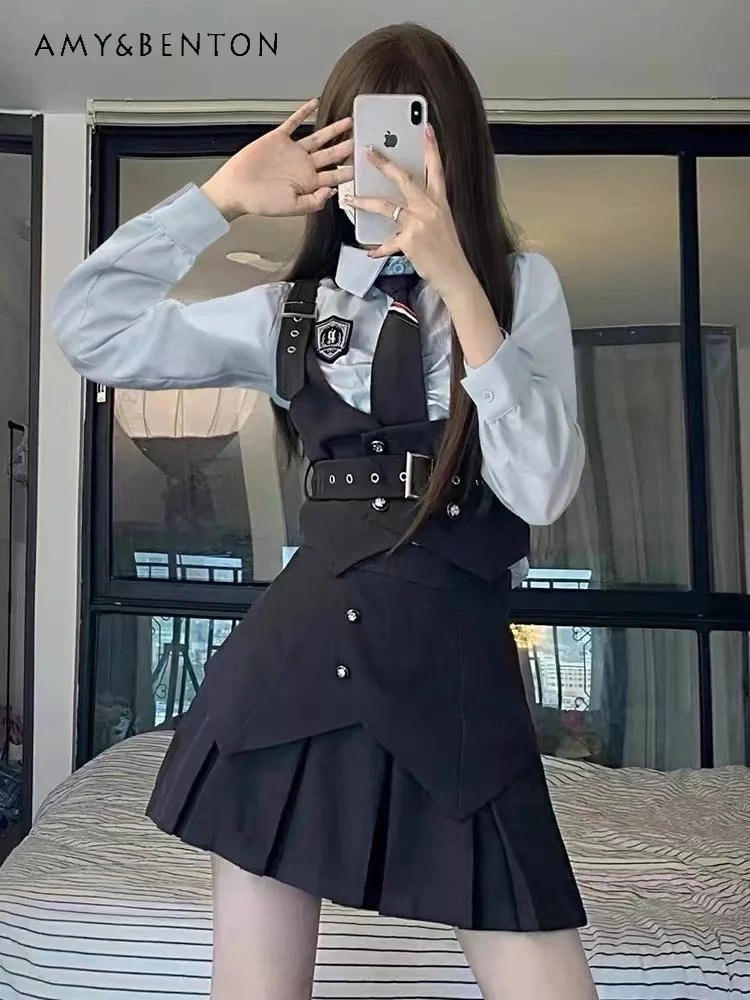 

Spring Summer New American Style Women's Blue Shirt Vest Tie Black Waist Pleated Skirt College Style JK Uniform