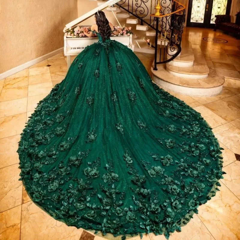 Emerald Green Quinceanera Dresses Ball Gown Dress Off The Shoulder Birthday Gowns 3D Flowers Beads Tulle Customized Women Gowns