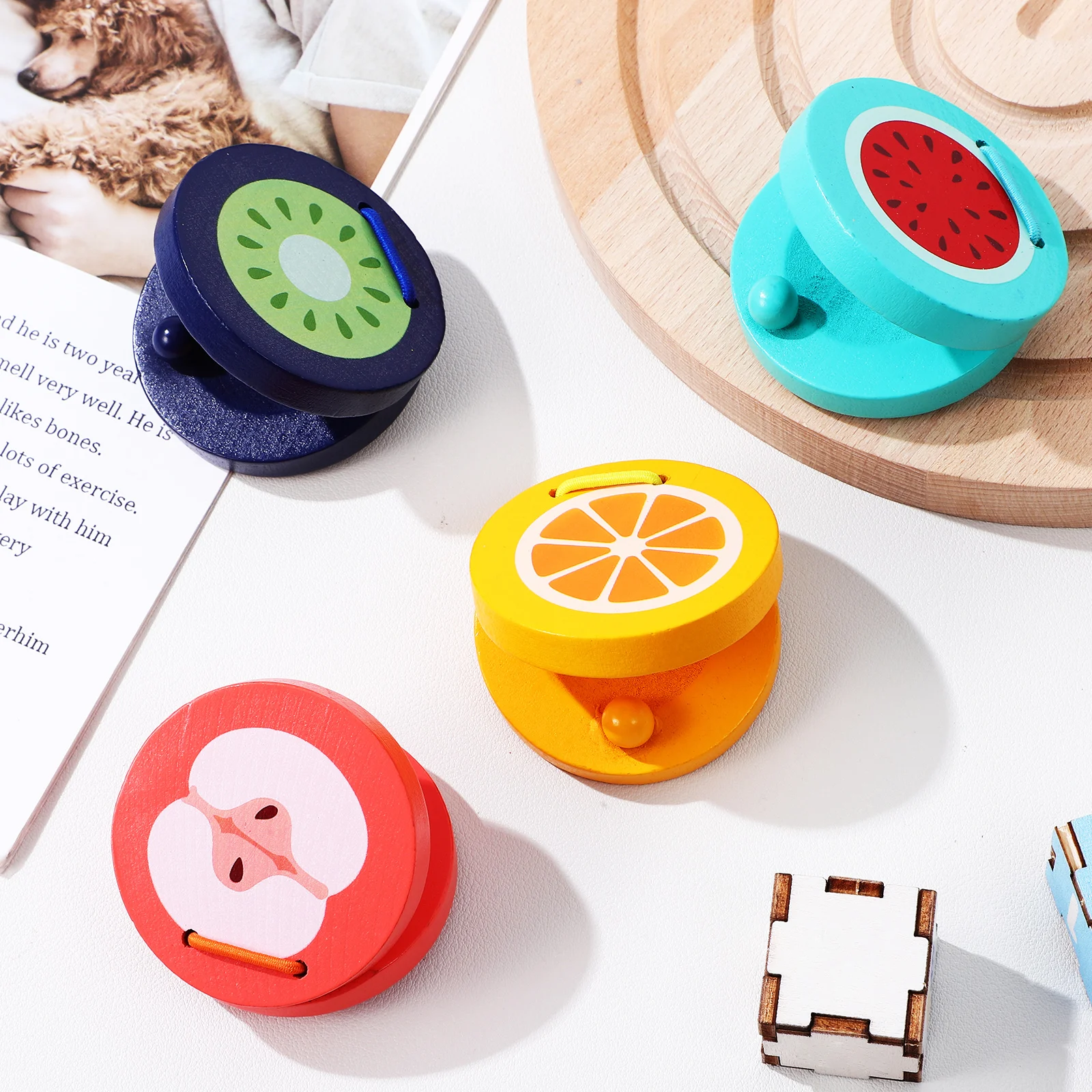 

4 Pcs Wood Castanets Cartoon Fruit Pattern Rhythm Percussion Kids Educational Toy Reusable Smooth Surface Musical