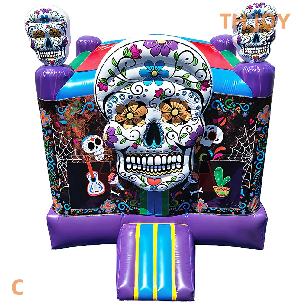 Livraison aérienne rapide à porte, nouvelle maison de rebond gonflable d'halloween 2025, maison de cavalier de tête de crâne personnalisée pour enfants