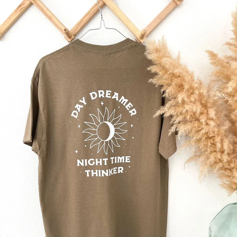 Day Dreamer Night Time Thinker Graphic Tee for Female Coffee Short Sleeve Shrot Sleeve Loose Cotton Crewneck Tumblr Boho Shirts