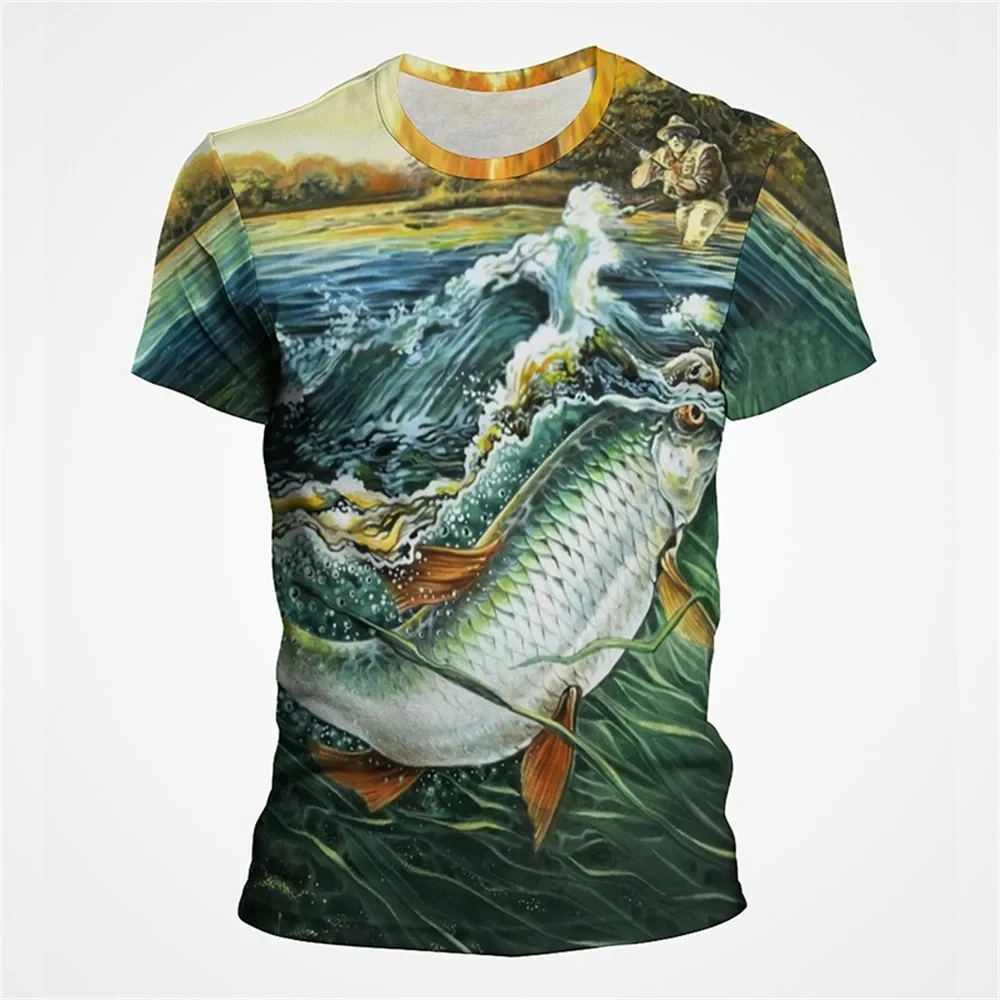 Moda męska wędkarstwo morskie t-shirt oversize oddychający dorywczo krótki rękaw 3D nadruk ryby duży rozmiar wygodny męski sweter