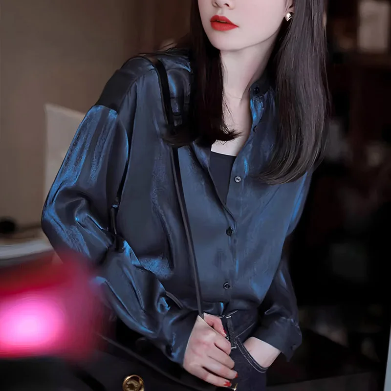 Blusas femininas vintage camisas de cor sólida moda solta verão roupas coreanas manga comprida gola virada para baixo cetim feminino topos