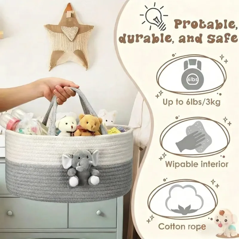 Portable Diaper Caddy Organizer - Large Capacity Cotton Rope Storage Basket with Handle, Travel Baby Changing Station Bag