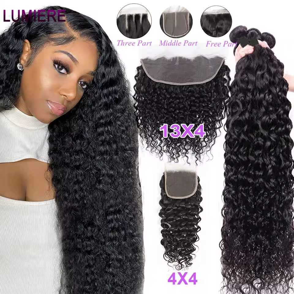 32 40 inch Water Wave Bundles with Closure Peruvian Deep Hair Weave Bundles with Frontal HD Transparent Lace Closure And Bundle