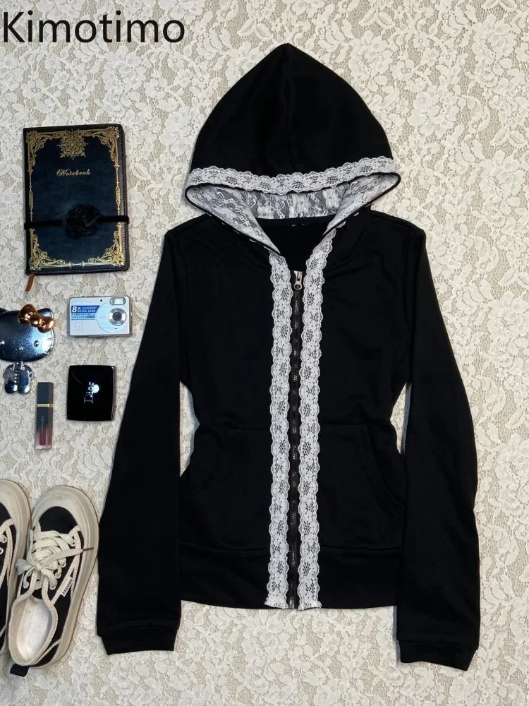 

Kimotimo винтажная кружевная толстовка с капюшоном для женщин Y2k эстетическая молния облегающая талия короткие пальто Harajuku уличные готические толстовки