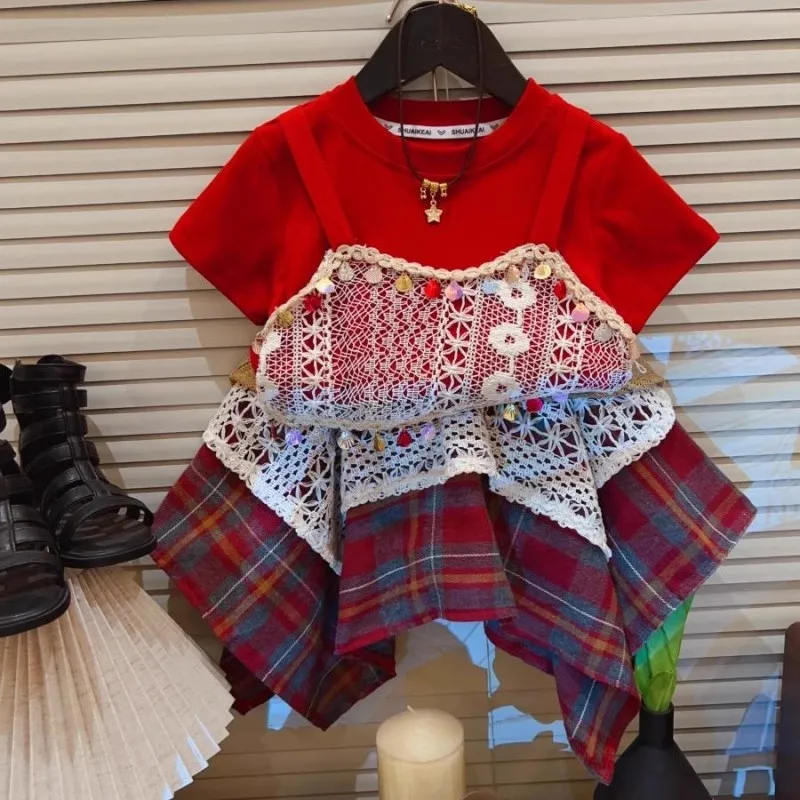 

TOY-Girls' Short SleeveTPlaid Shirt and Skirt Set2025Summer Ethnic Bohemian Style Top and Skirt Two-Piece Set