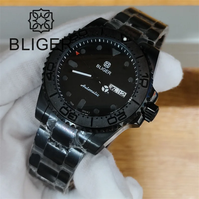 BLIGER 40mm Full Black PVD Brushed Insert NH36 Watch For Men Black Dial With Green Luminous Week Date Waterproof Sapphire Glass