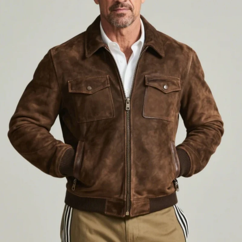

Mens Vintage Suede Jacket Biker Style Turndown Collar Zip Front Slim Fit Short Coat Autumn Business Casual Outerwear