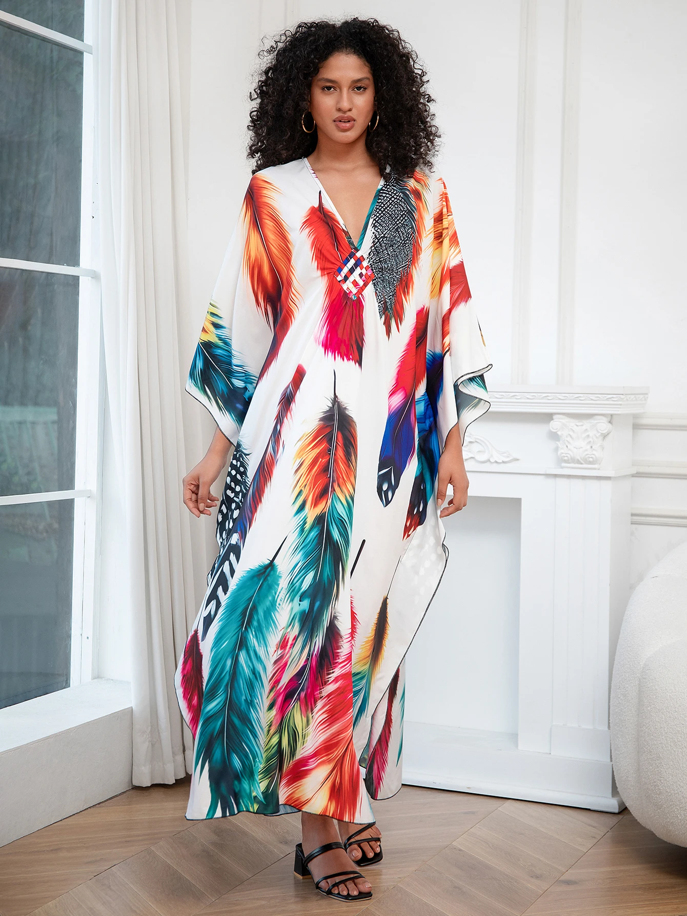 Bohomian Colorful Printed Long Sleeve Kaftan Dress Oversize Beach House Robe 2024 Summer Vacation Cozy Maxi Dresses Q1634